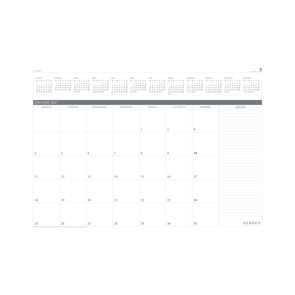 2027 Calendar Year Diary/Planner - 12 Month A2 Month to View - Refill - Collins Desktop Planner Refill Range