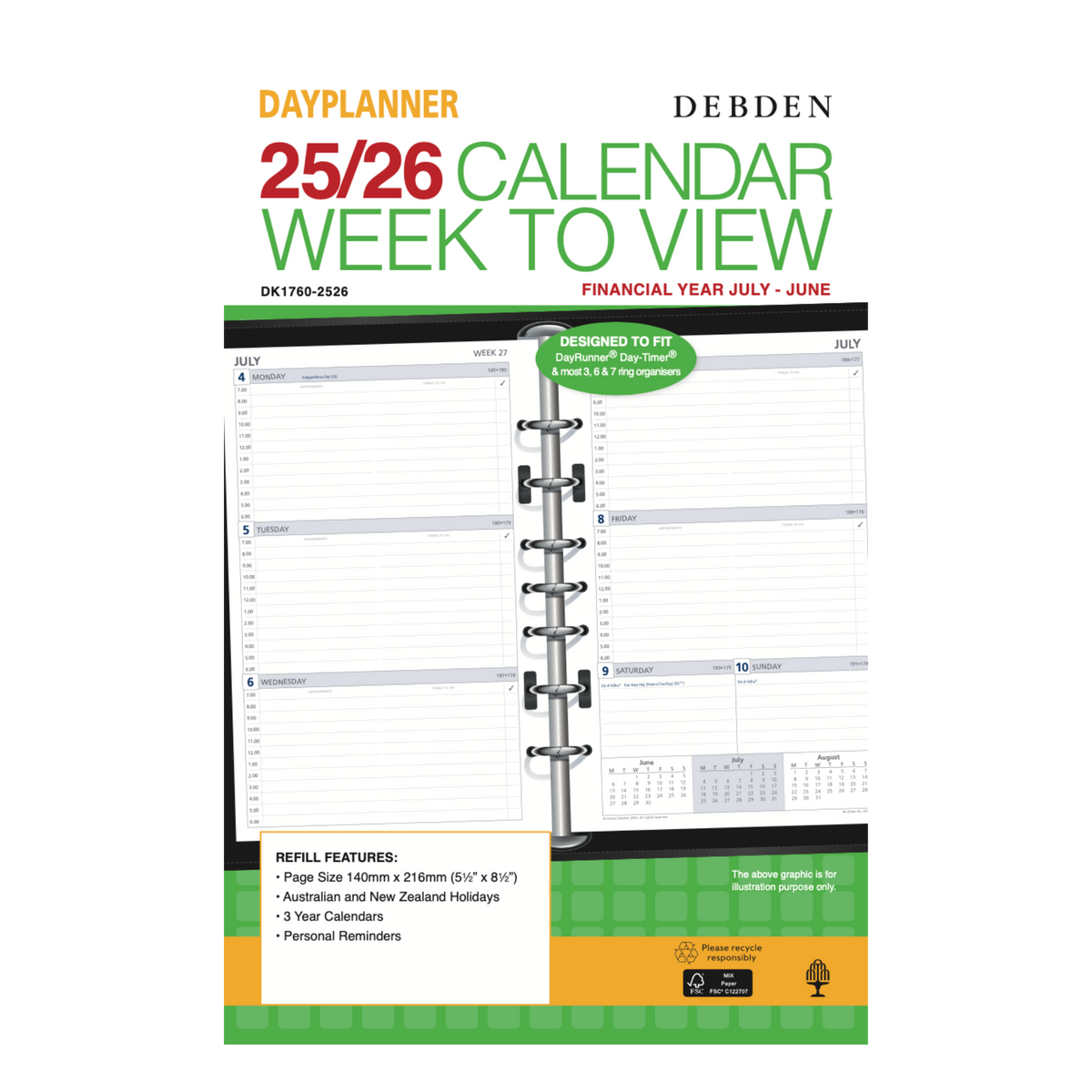 Collins - Day Planner 2025-2026 Financial Year Diary/Planner, Week to View, Desk (216x140mm) Refill