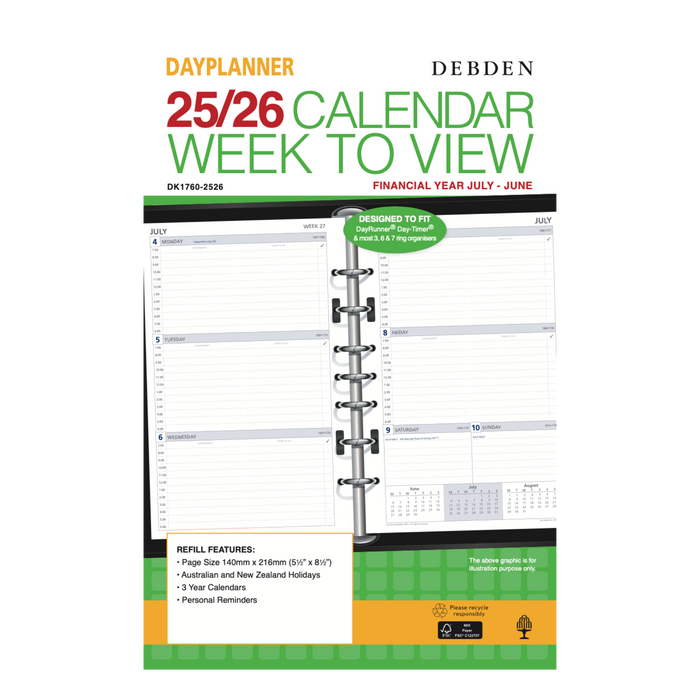 Collins - Day Planner 2025-2026 Financial Year Diary/Planner, Week to View, Desk (216x140mm) Refill