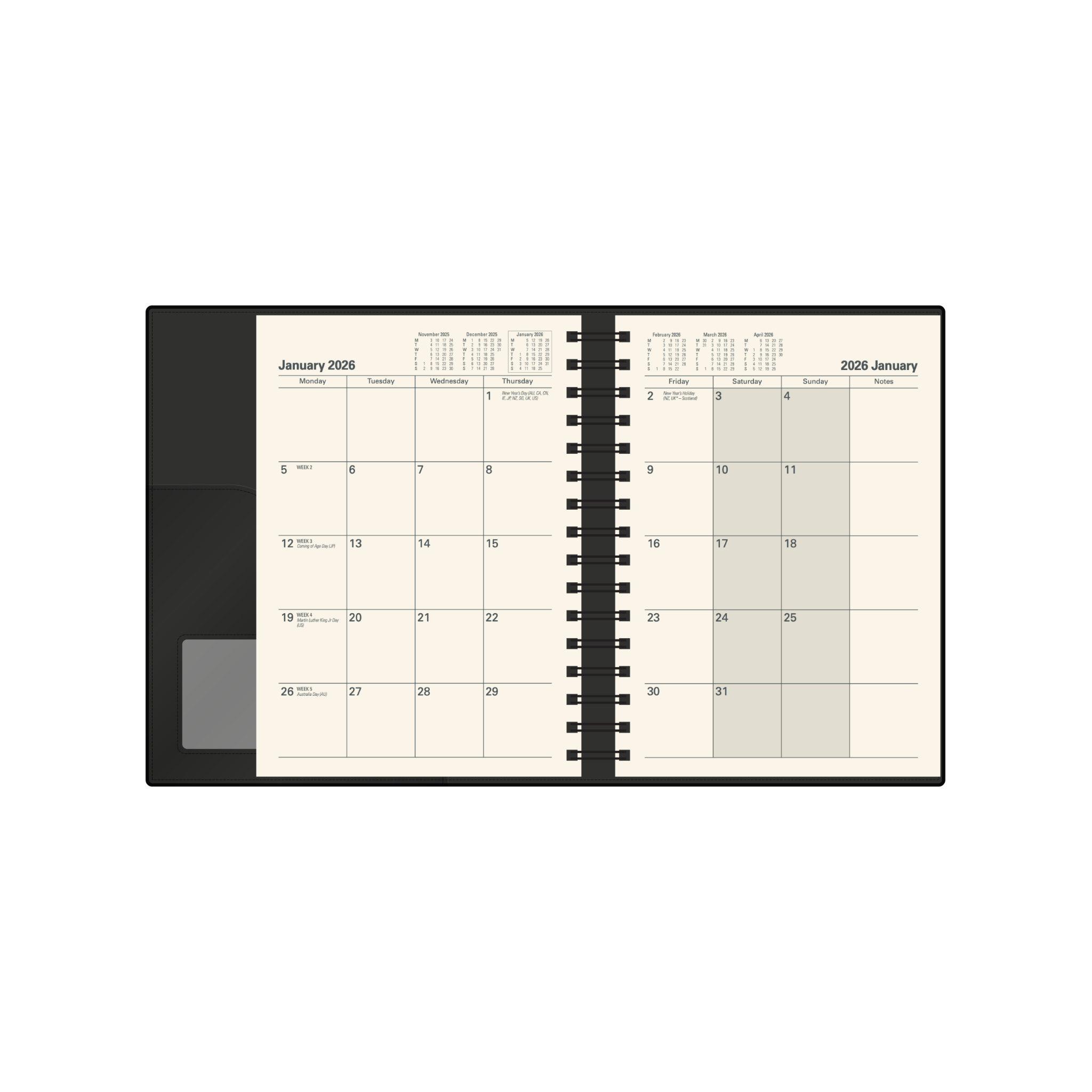 Vanessa Calendar Year 2026 Diary/Planner, Month to View with Notes, A5 PU Soft Cover