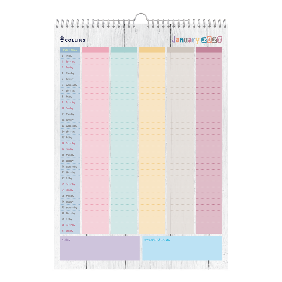 2027 Calendar Year Diary/Planner - 12 Month A3 Month to View - Wiro Hanger Wall Calendar in Brighton - Collins Desktop Calendars Range