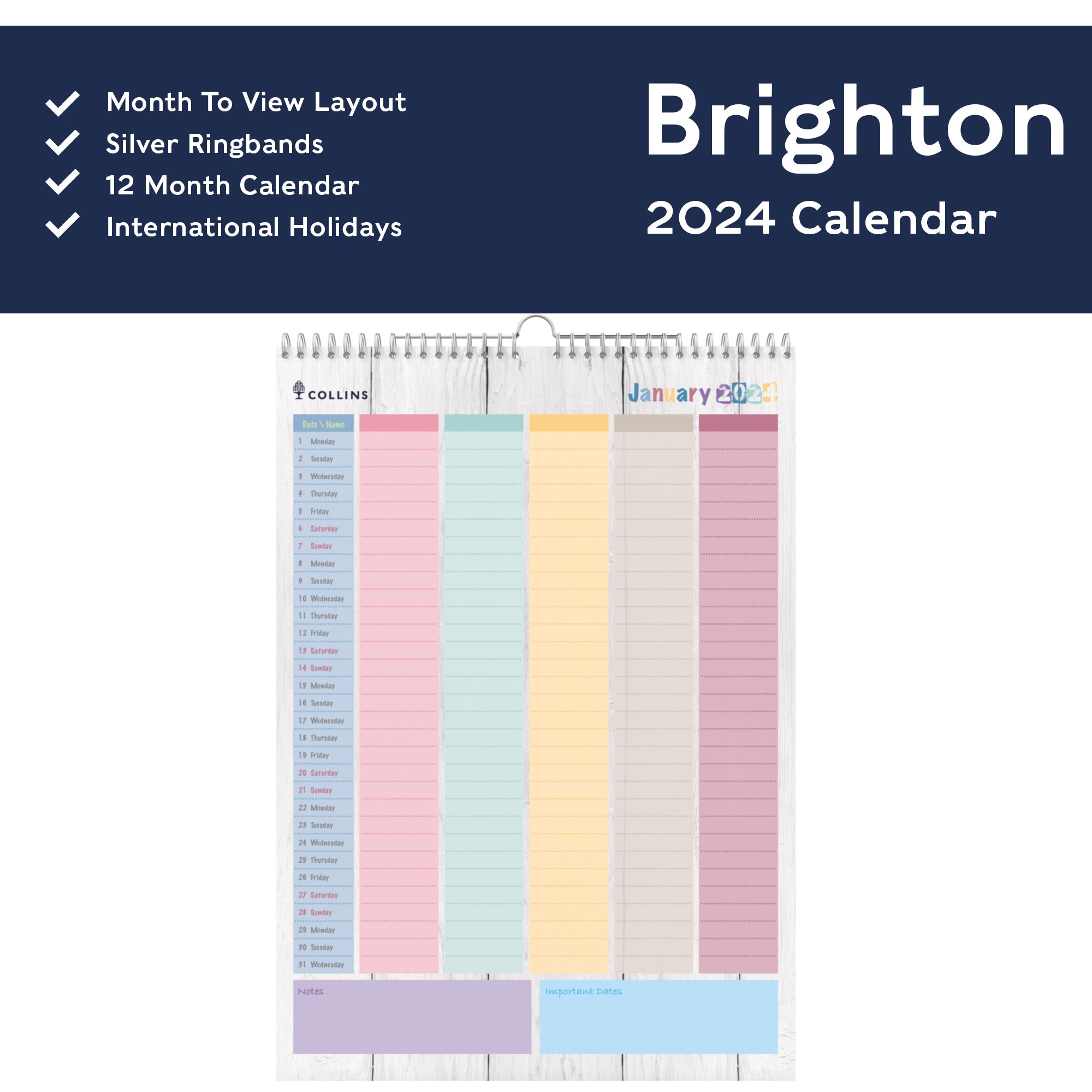 Brighton Wall Calendar 2024 - Month to View, Size A3