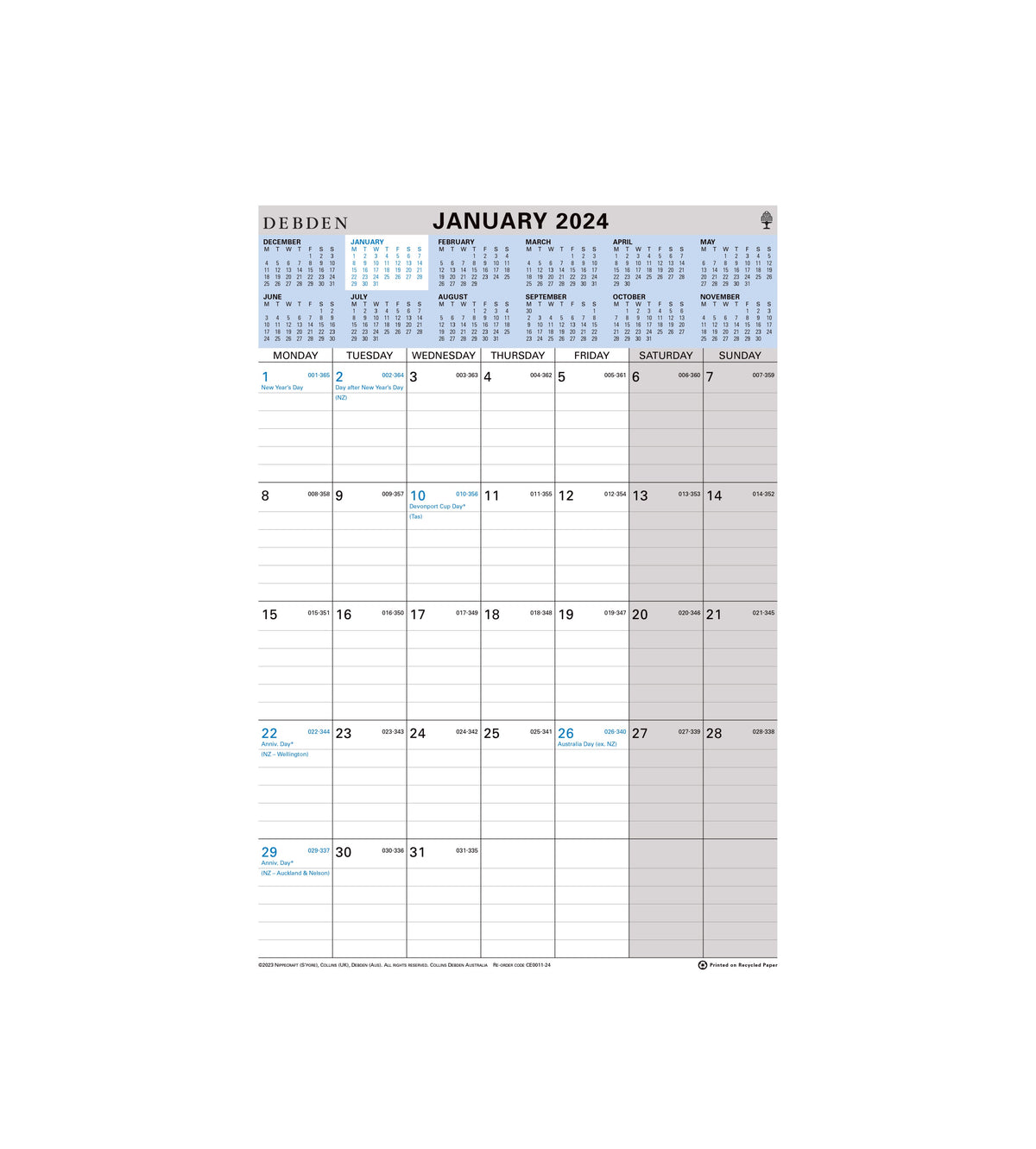 Collins Wall Planners & Calendars 2024 12 Month Wiro Calendar, Size