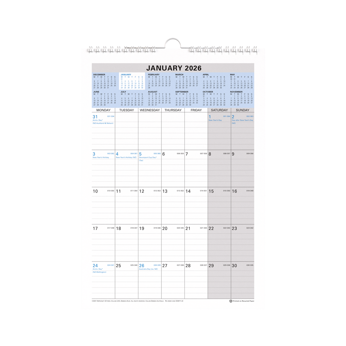 Wall Planner Calendar Year 2026 Diary/Planner, Month to View, A4 Wiro Calendar