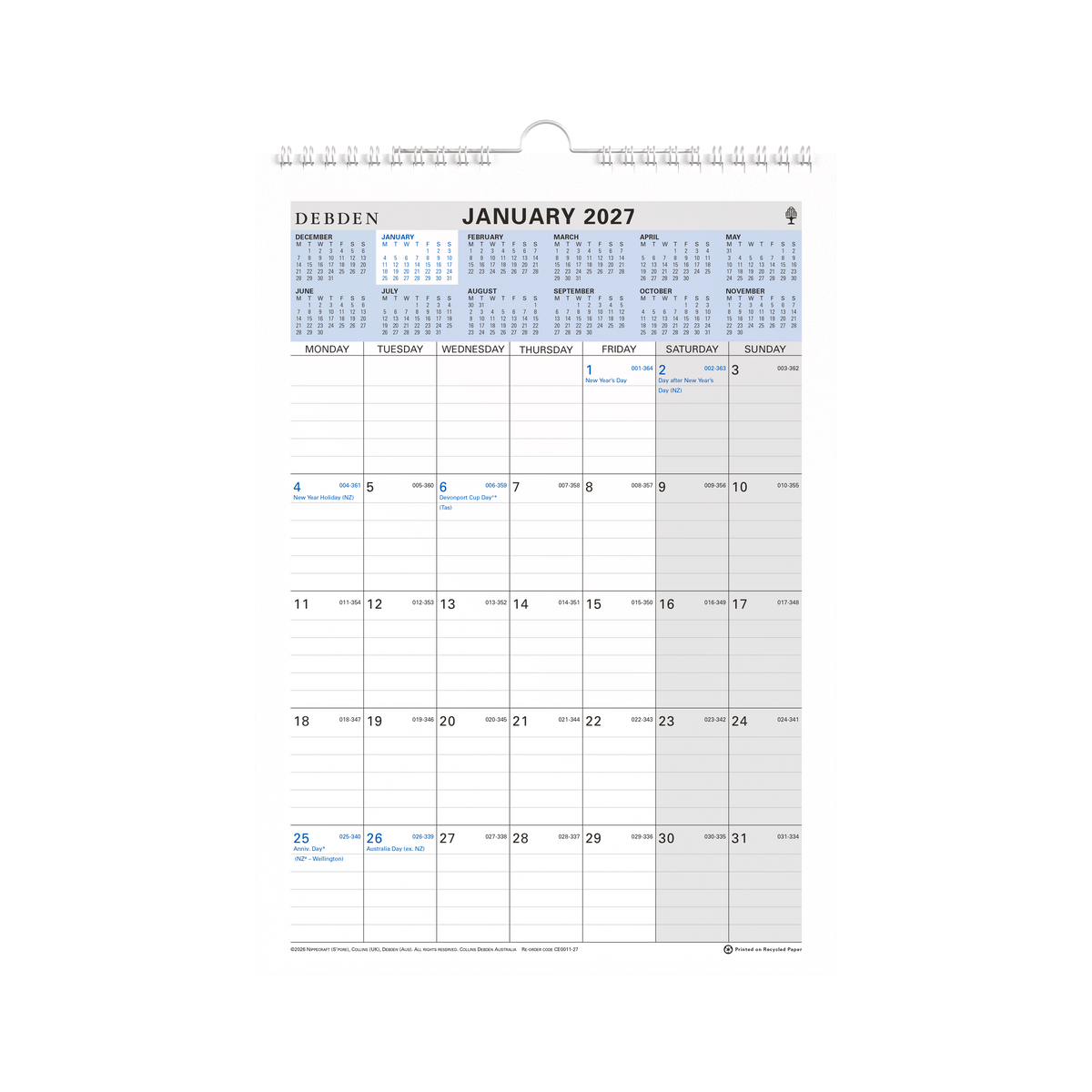 2027 Calendar Year Diary/Planner - 12 Month (h297 x w210mm) Month to View - Wiro Calendar - Collins Wall Planner Range