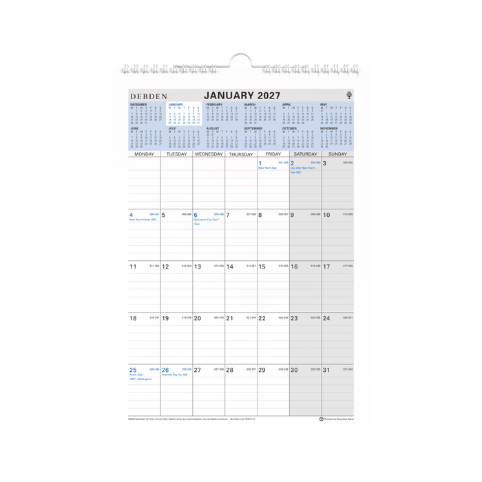 2027 Calendar Year Diary/Planner - 12 Month (h297 x w210mm) Month to View - Wiro Calendar - Collins Wall Planner Range