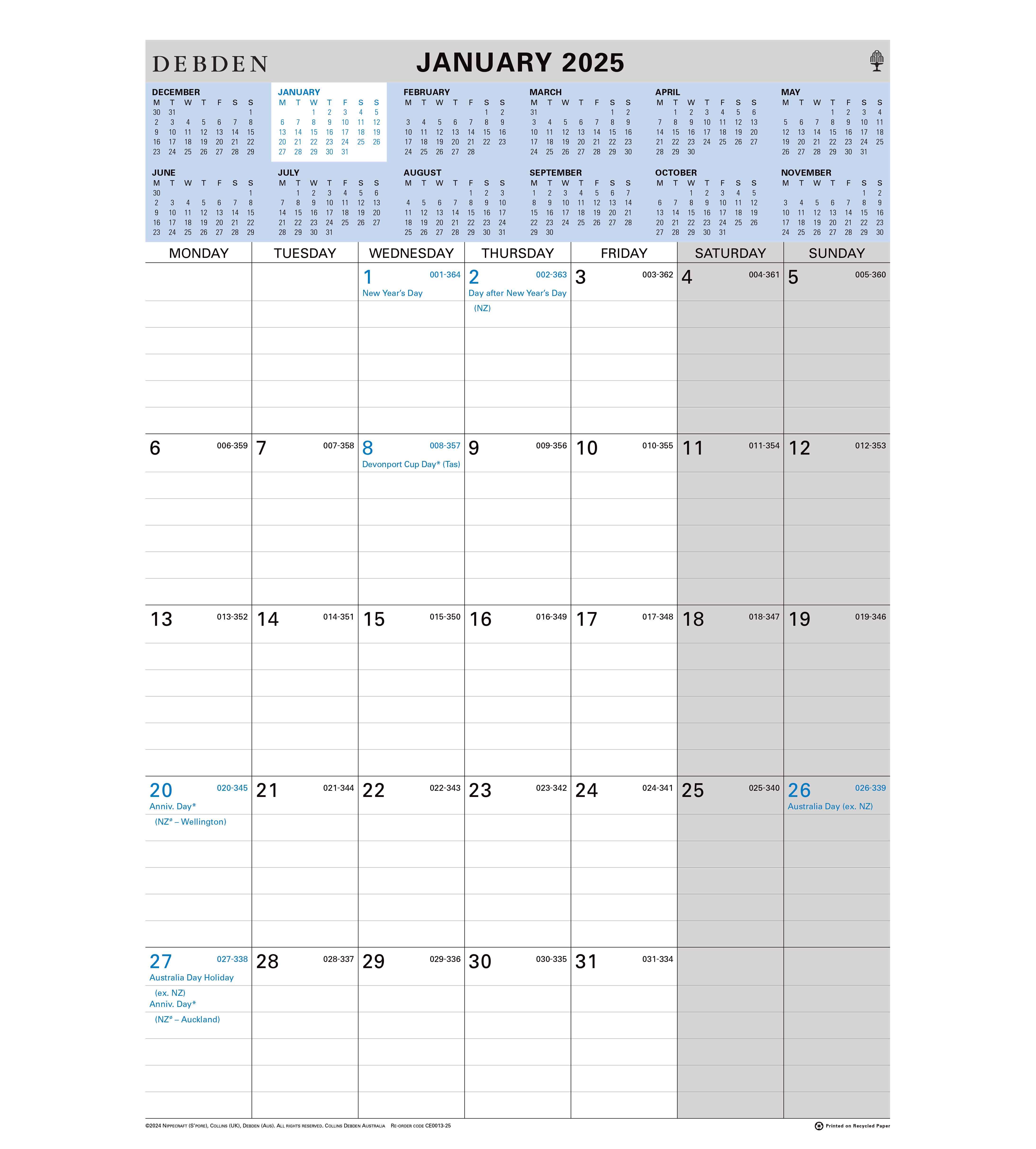 Wall Planner - 432 x 300 Month-to-view 2025 Calendar year planner