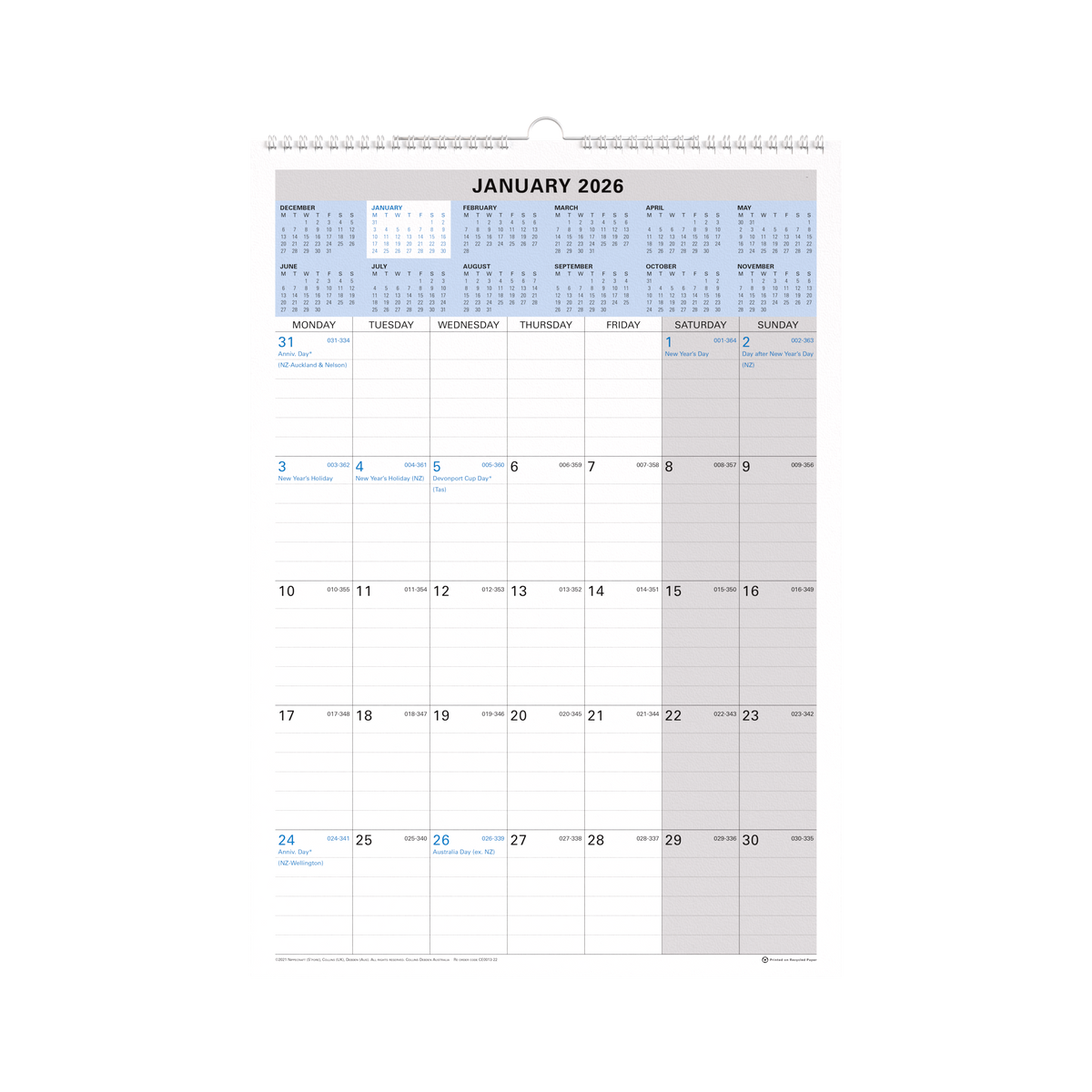 Wall Planner Calendar Year 2026 Diary/Planner, Month to View, h432 x w300mm Wiro Calendar