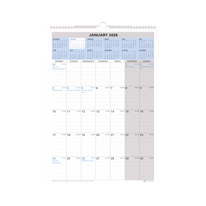 Wall Planner Calendar Year 2026 Diary/Planner, Month to View, h432 x w300mm Wiro Calendar