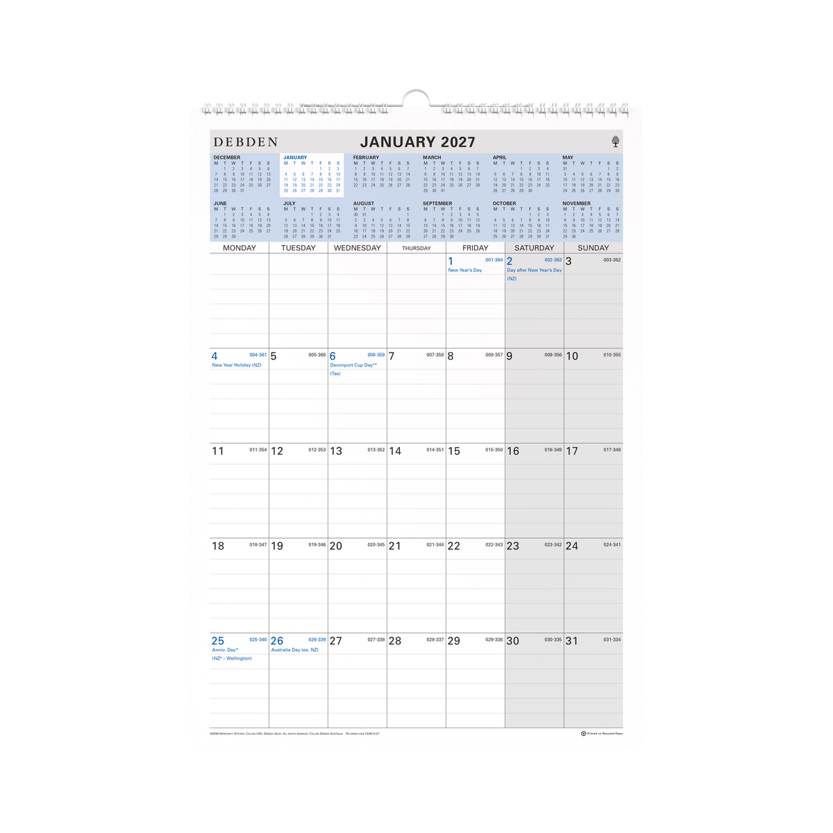 2027 Calendar Year Diary/Planner - 12 Month (h432 x w300mm) Month to View - Wiro Calendar - Collins Wall Planner Range