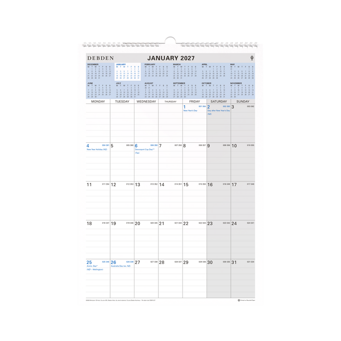2027 Calendar Year Diary/Planner - 12 Month (h432 x w300mm) Month to View - Wiro Calendar - Collins Wall Planner Range