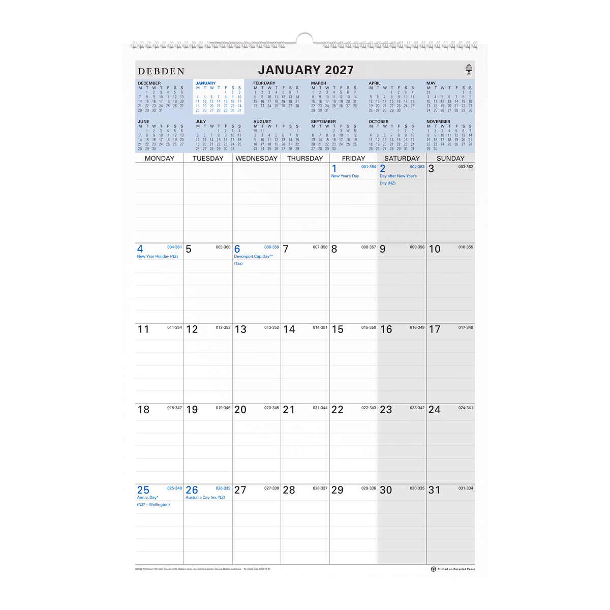 2027 Calendar Year Diary/Planner - 12 Month (h577 x w394mm) Month to View - Wiro Calendar - Collins Wall Planner Range