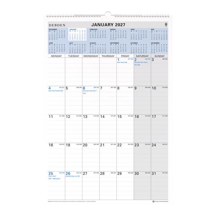 2027 Calendar Year Diary/Planner - 12 Month (h577 x w394mm) Month to View - Wiro Calendar - Collins Wall Planner Range
