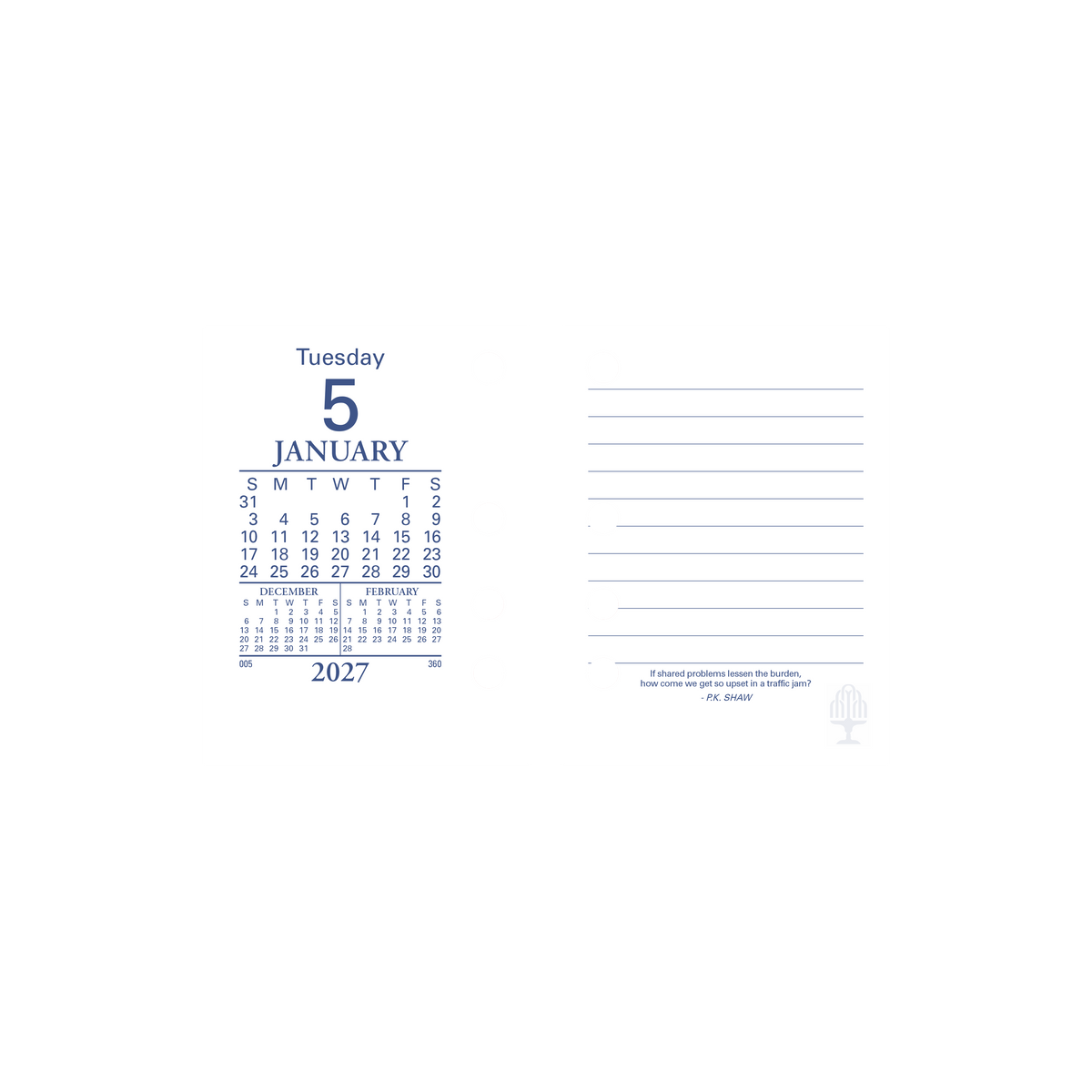 2027 Calendar Year Diary/Planner - 12 Month (h102 x w76mm) Day to Page - Side Punch Refill - Collins Desk Calendar Accessories Range