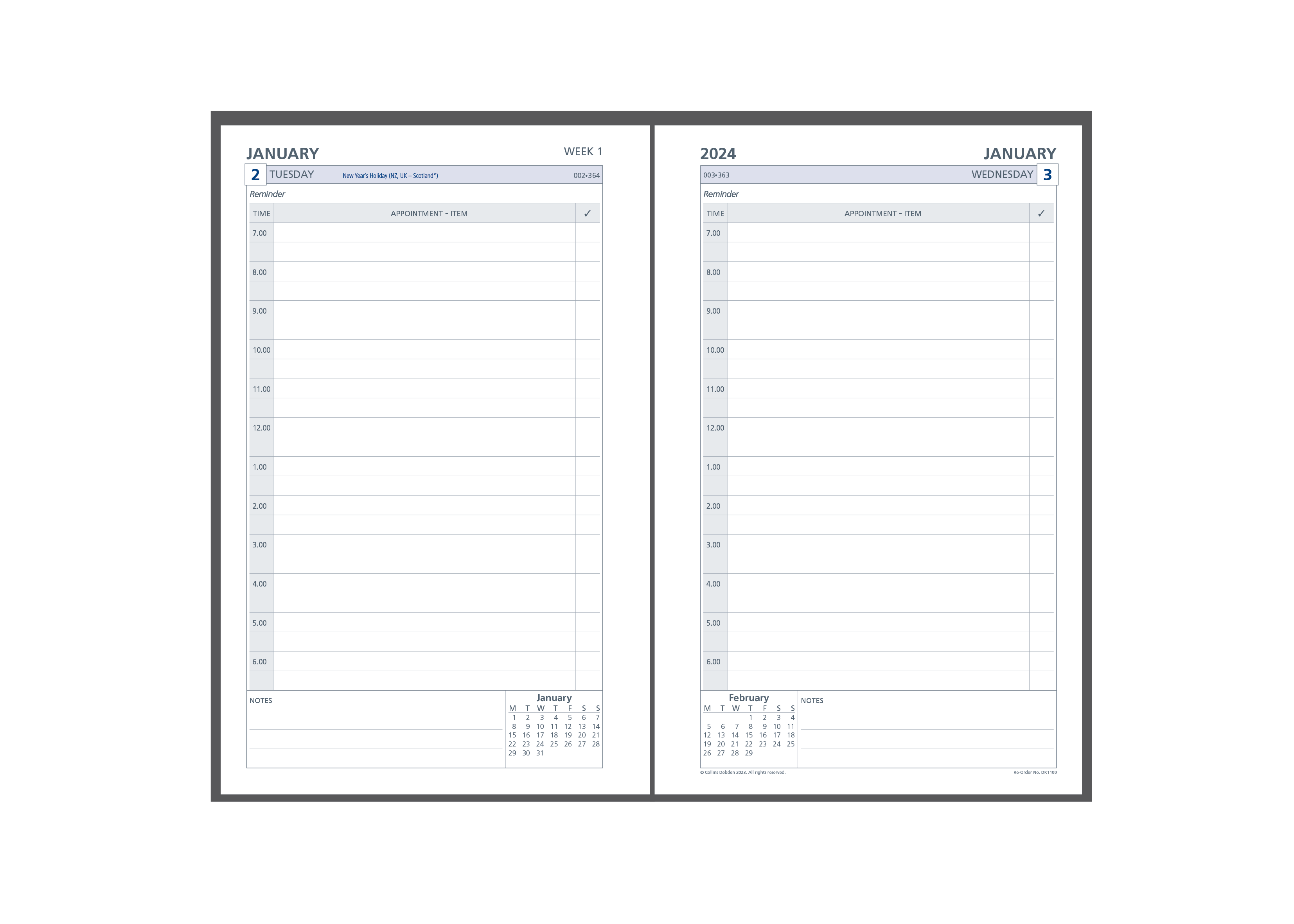 Day Planner Refill 2024 - Daily Dated (one year), Size Desk Desk (216 x 140mm)