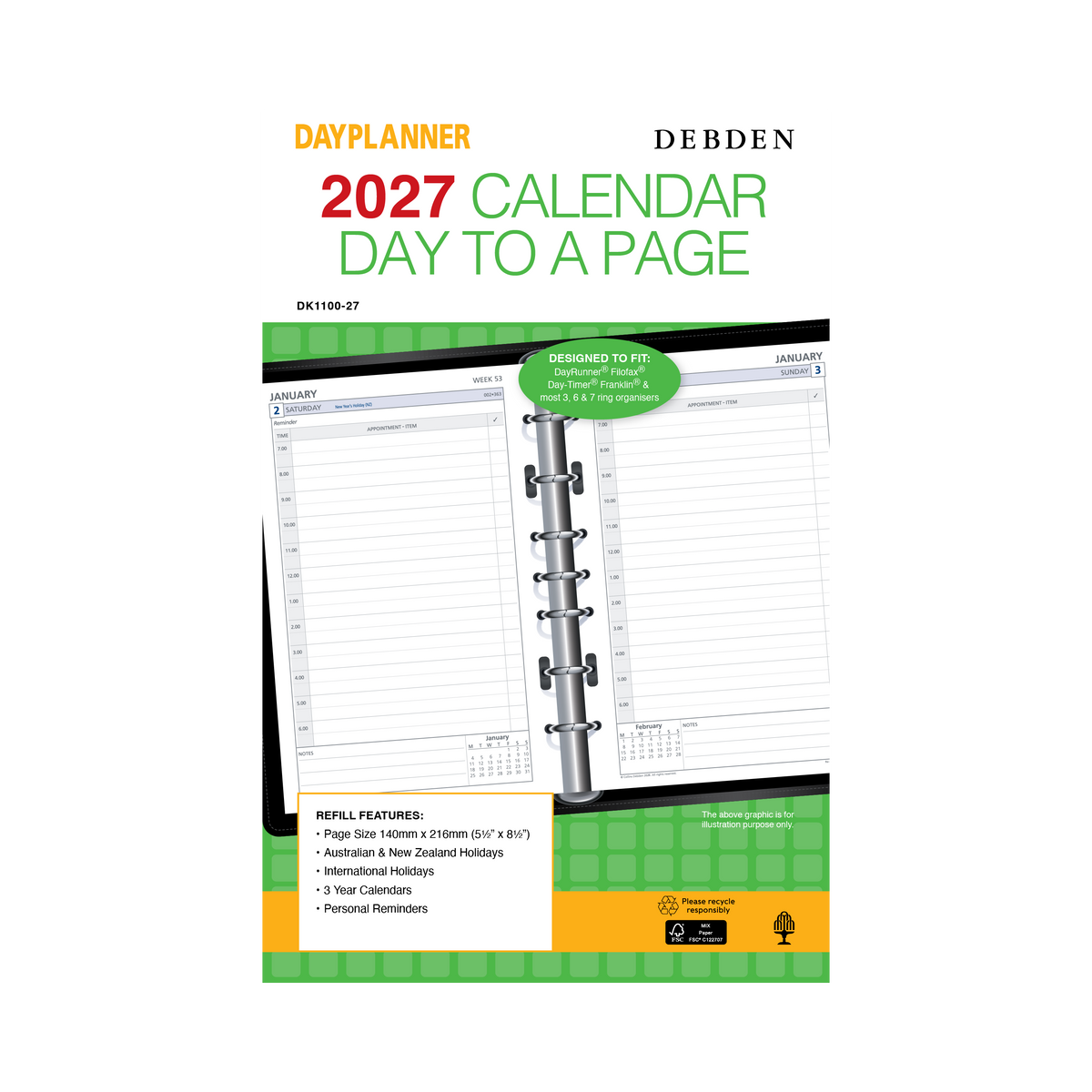 2027 Calendar Year Diary/Planner - 12 Month Desk Day to Page - Refill - Collins Day Planners Range