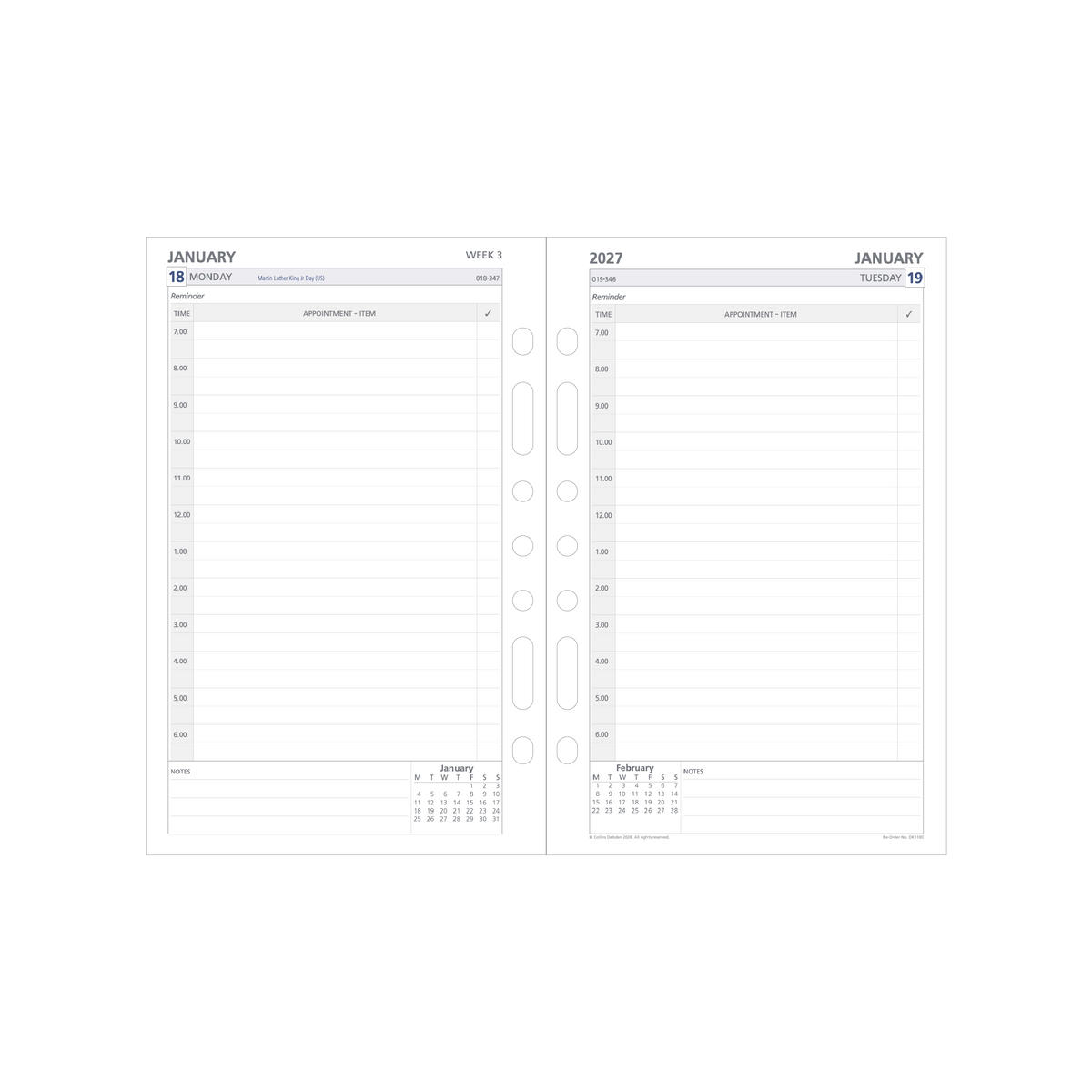 2027 Calendar Year Diary/Planner - 12 Month Desk Day to Page - Refill - Collins Day Planners Range