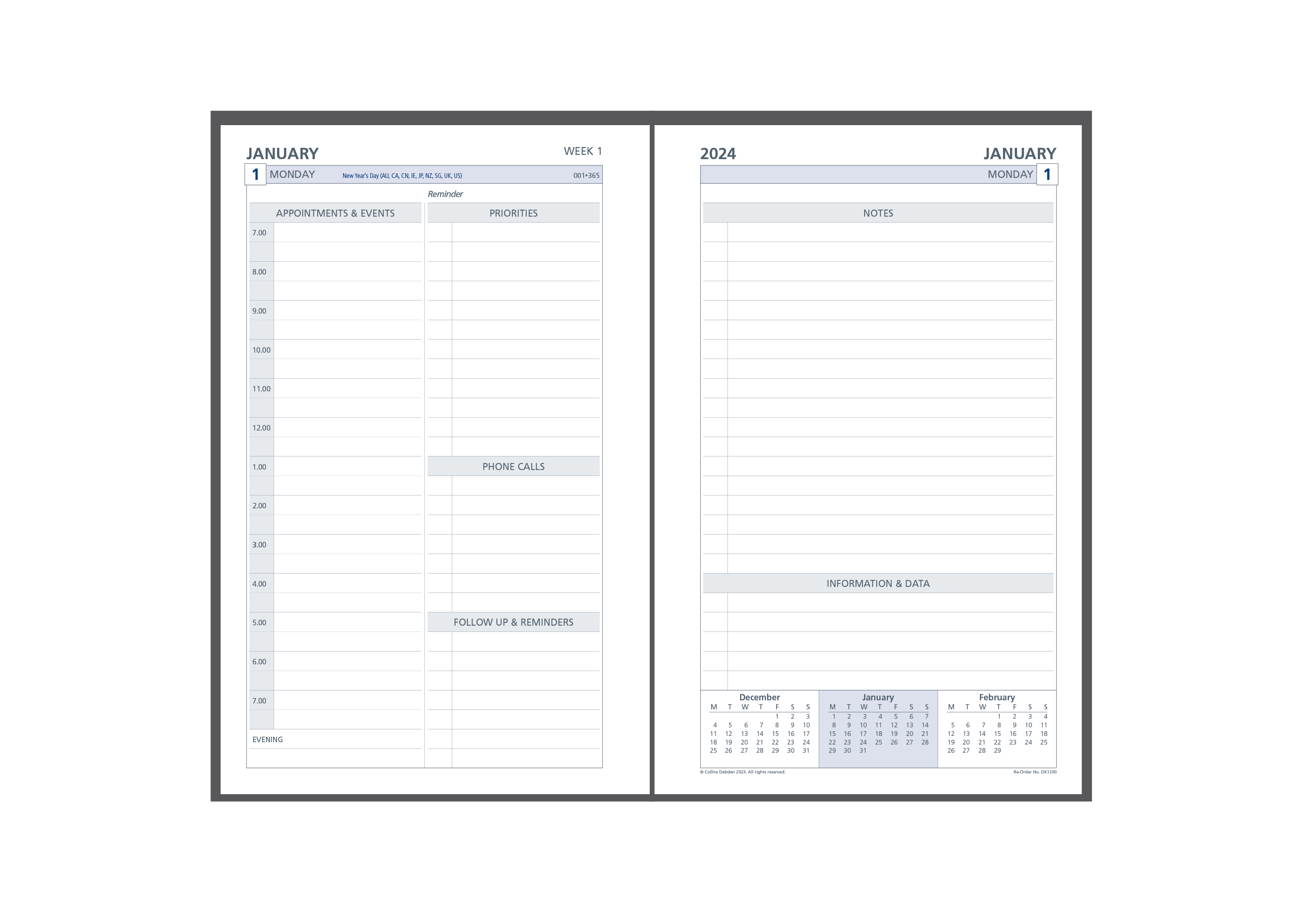 Day Planner Refill 2024 - 2 Pages per Day (one year), Size Desk Desk (216 x 140mm)