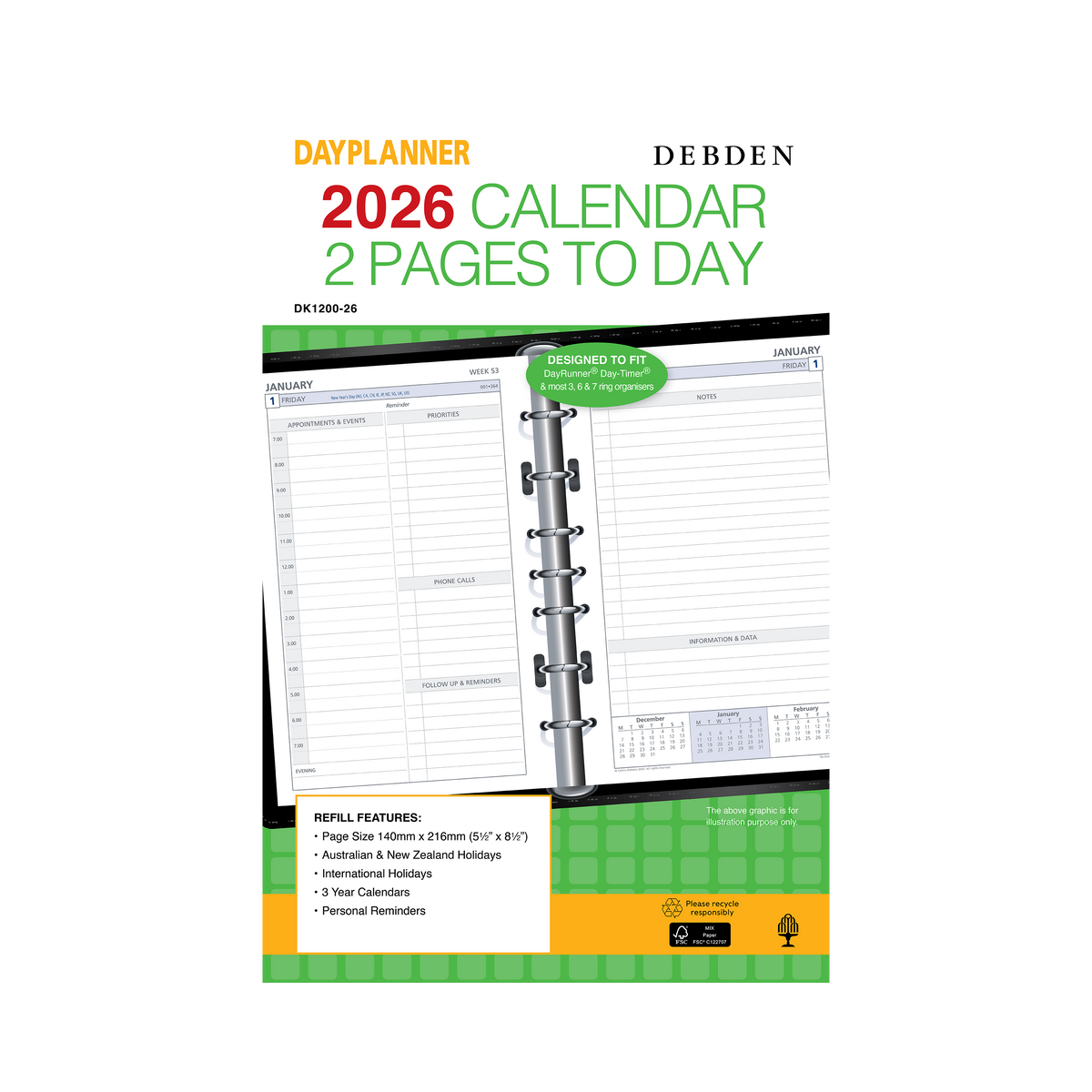 Day Planner Calendar Year 2026 Diary/Planner, 2 Pages to a Day, Desk Refill