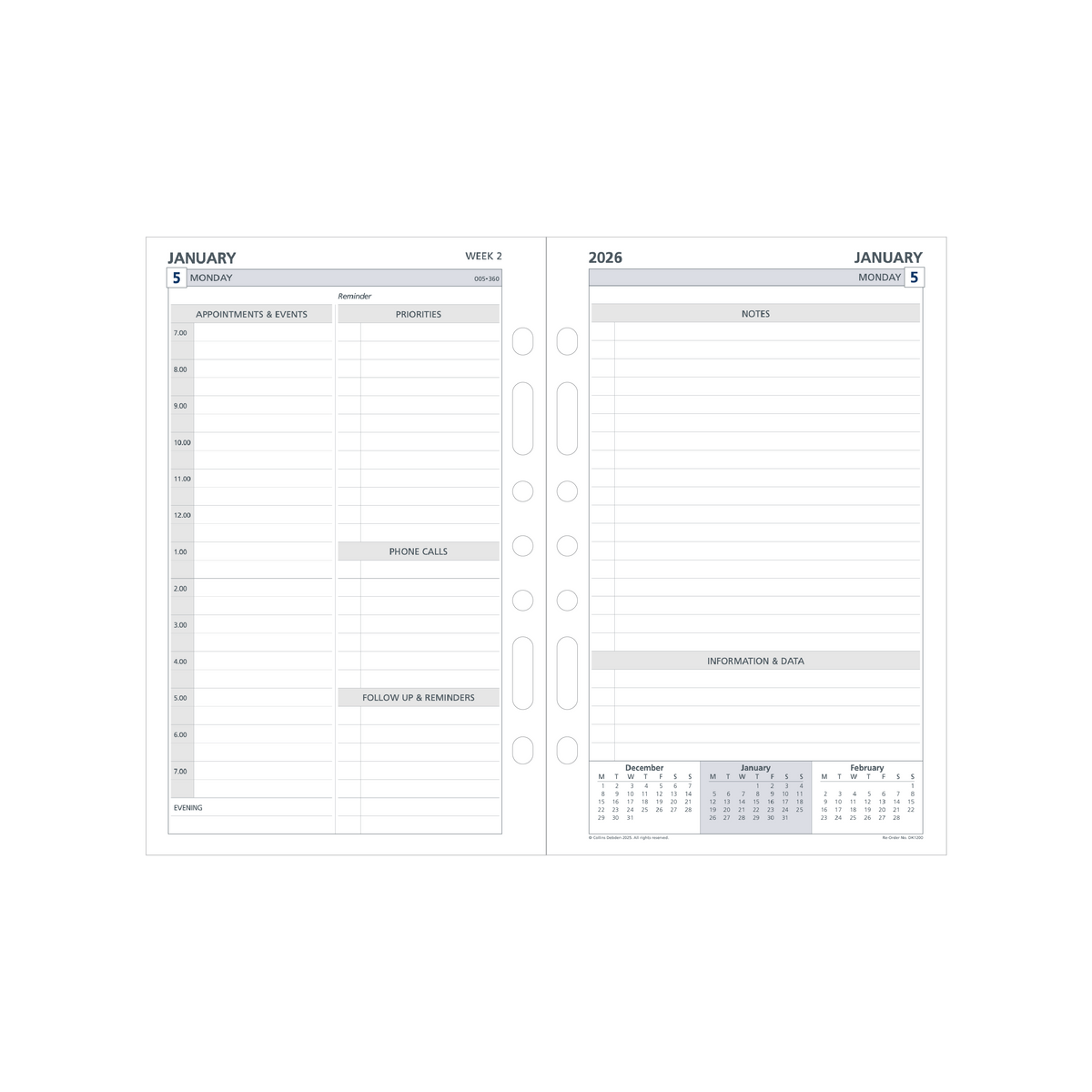 Day Planner Calendar Year 2026 Diary/Planner, 2 Pages to a Day, Desk Refill