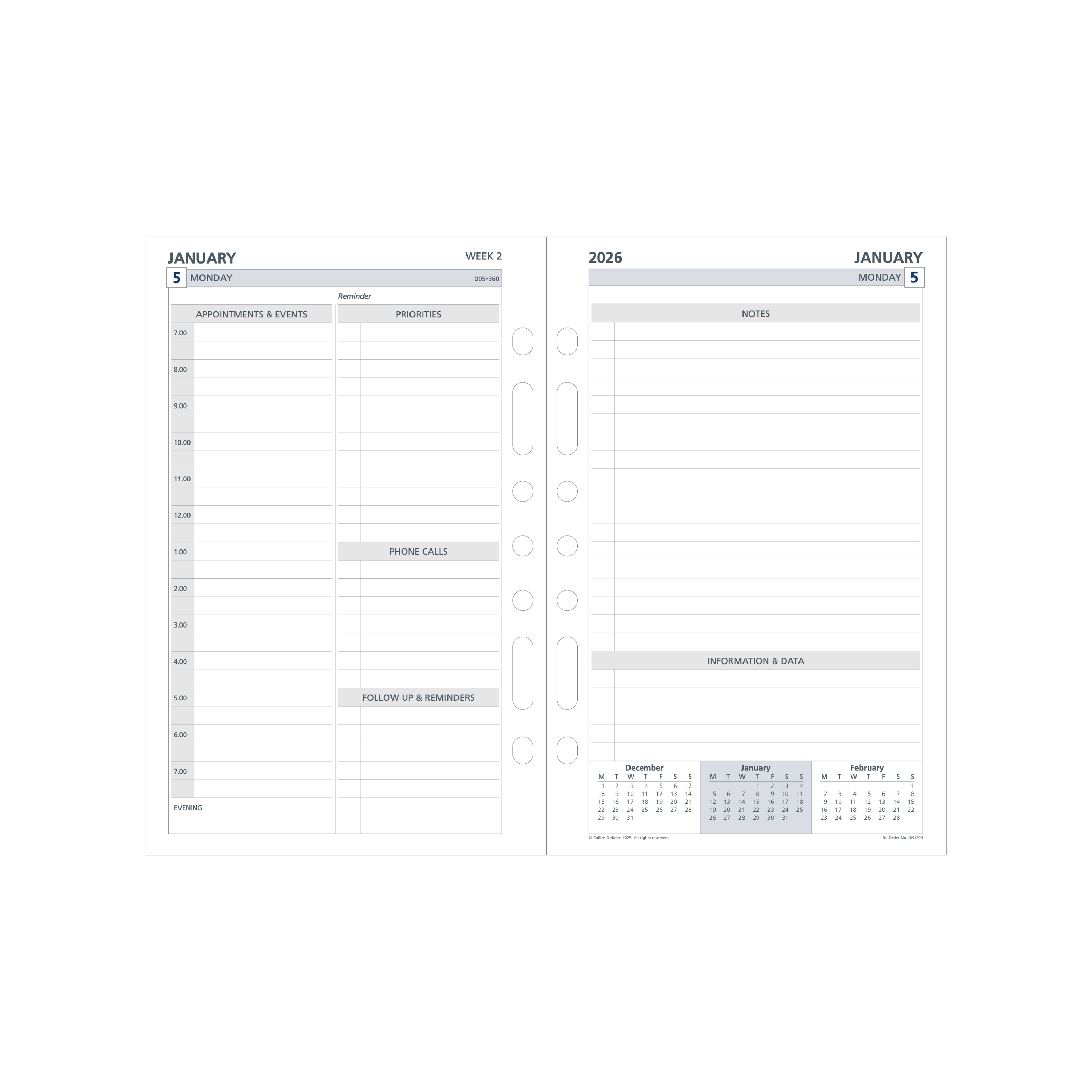 Day Planner Calendar Year 2026 Diary/Planner, 2 Pages to a Day, Desk Refill