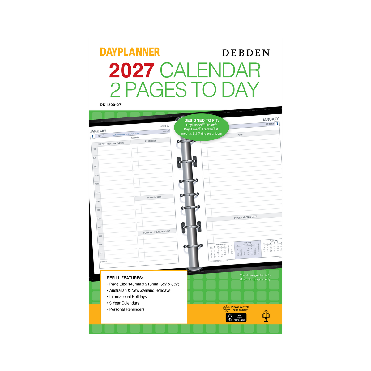 2027 Calendar Year Diary/Planner - 12 Month Desk 2 Days to a Page - Refill - Collins Day Planners Range