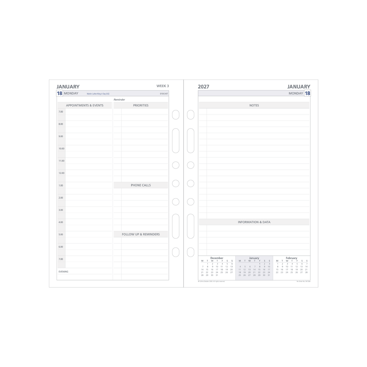 2027 Calendar Year Diary/Planner - 12 Month Desk 2 Days to a Page - Refill - Collins Day Planners Range