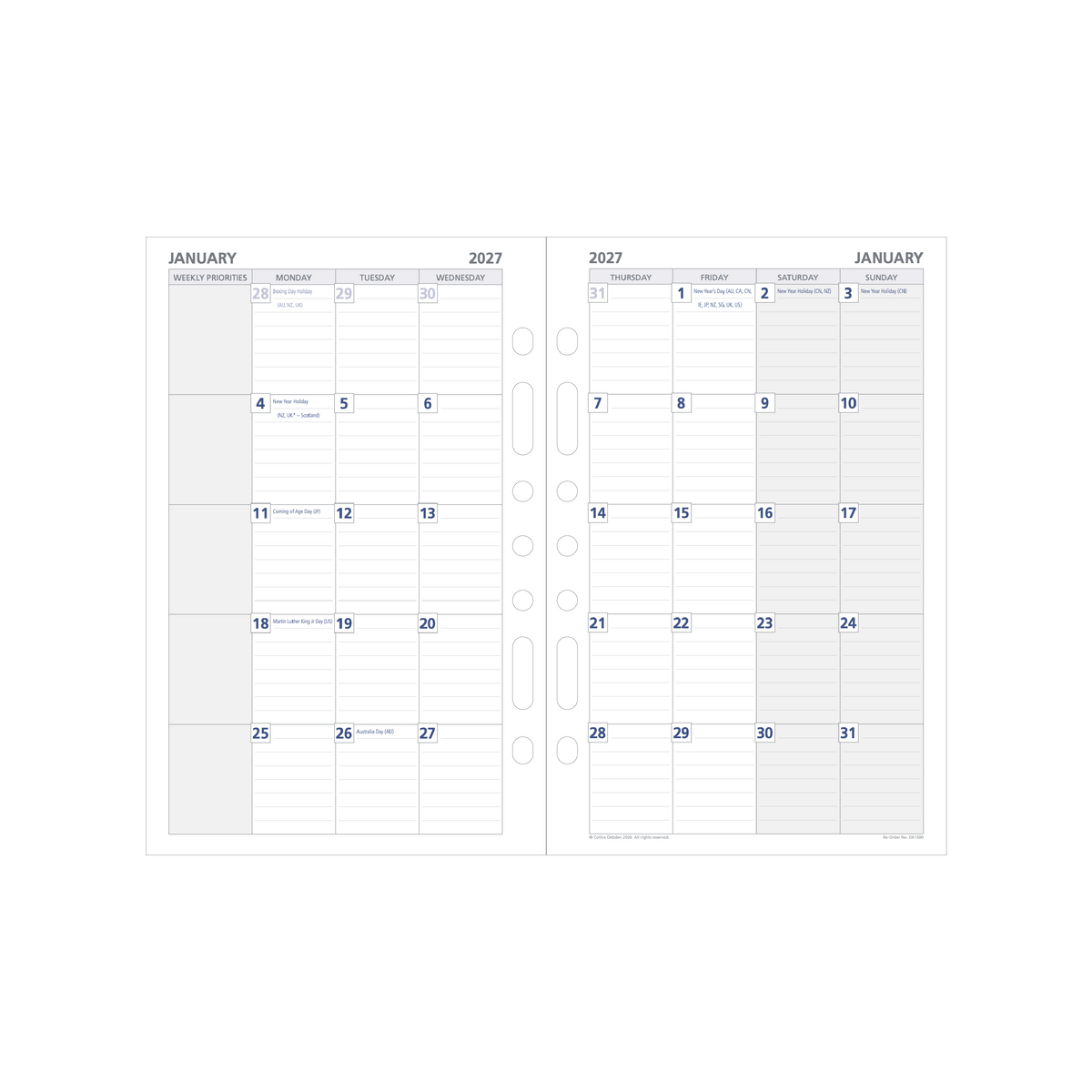 2027 Calendar Year Diary/Planner - 12 Month Desk Month to View - Refill - Collins Day Planners Range