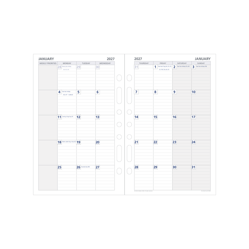 2027 Calendar Year Diary/Planner - 12 Month Desk Month to View - Refill - Collins Day Planners Range