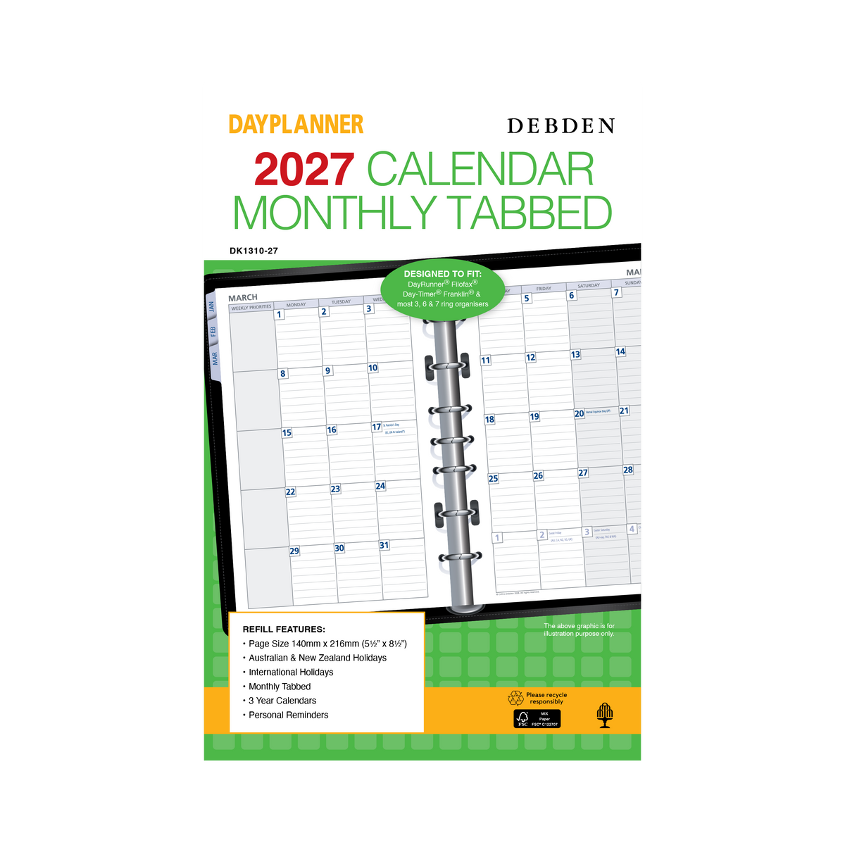 2027 Calendar Year Diary/Planner - 12 Month Desk Month to View w Tabs - Refill - Collins Day Planners Range