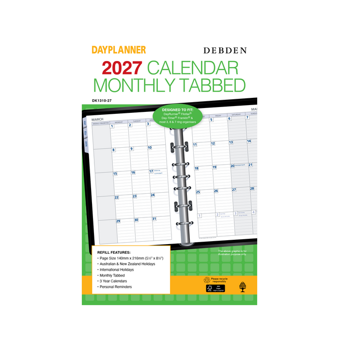 2027 Calendar Year Diary/Planner - 12 Month Desk Month to View w Tabs - Refill - Collins Day Planners Range
