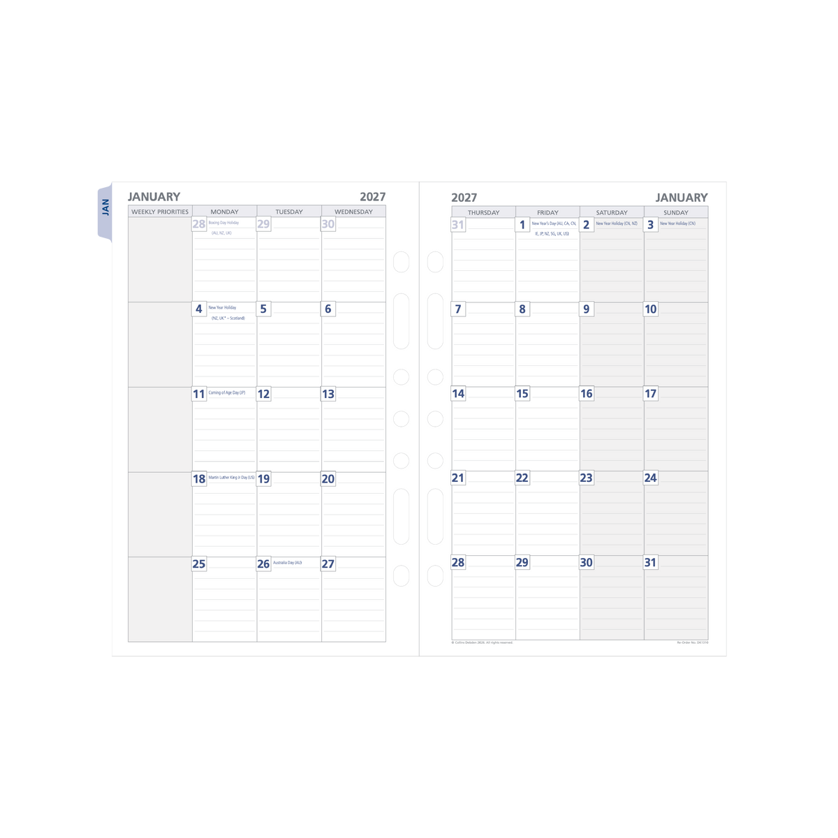 2027 Calendar Year Diary/Planner - 12 Month Desk Month to View w Tabs - Refill - Collins Day Planners Range