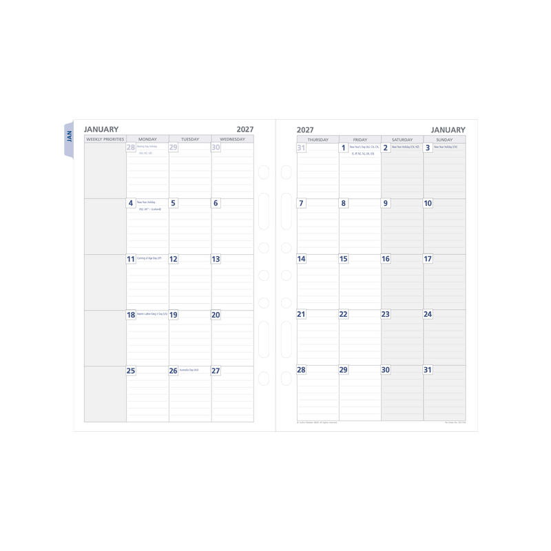 2027 Calendar Year Diary/Planner - 12 Month Desk Month to View w Tabs - Refill - Collins Day Planners Range