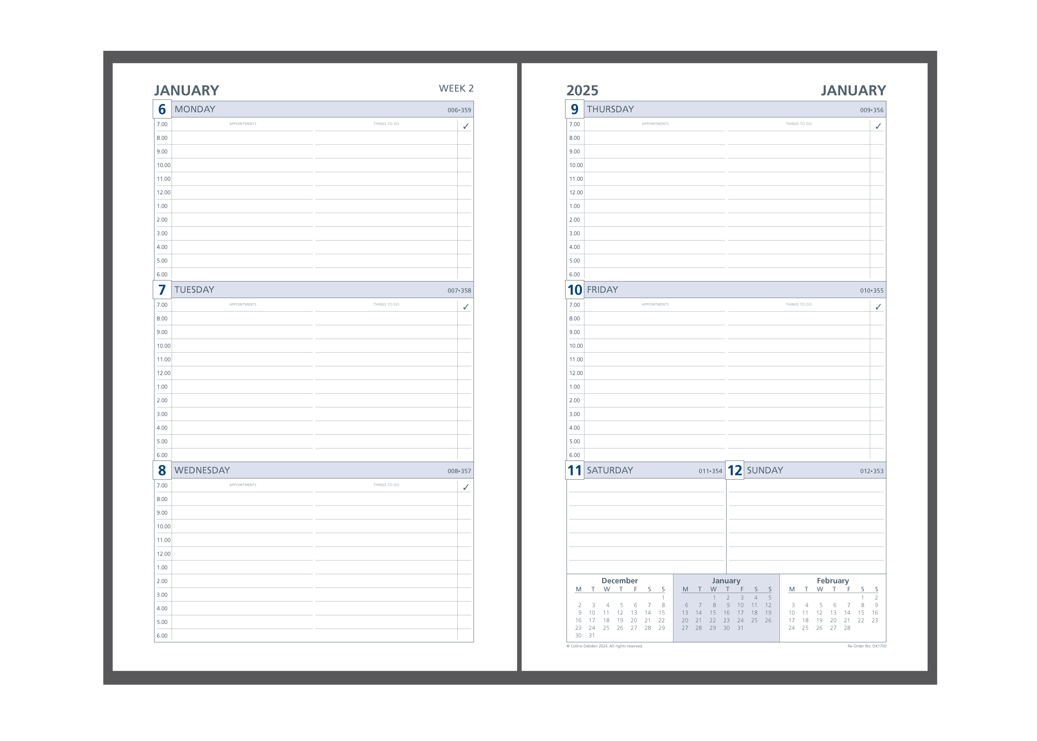 Day Planner - Desk - Week-to-View - 2025 Calendar Year Diary/Planner Refill - With Appointments