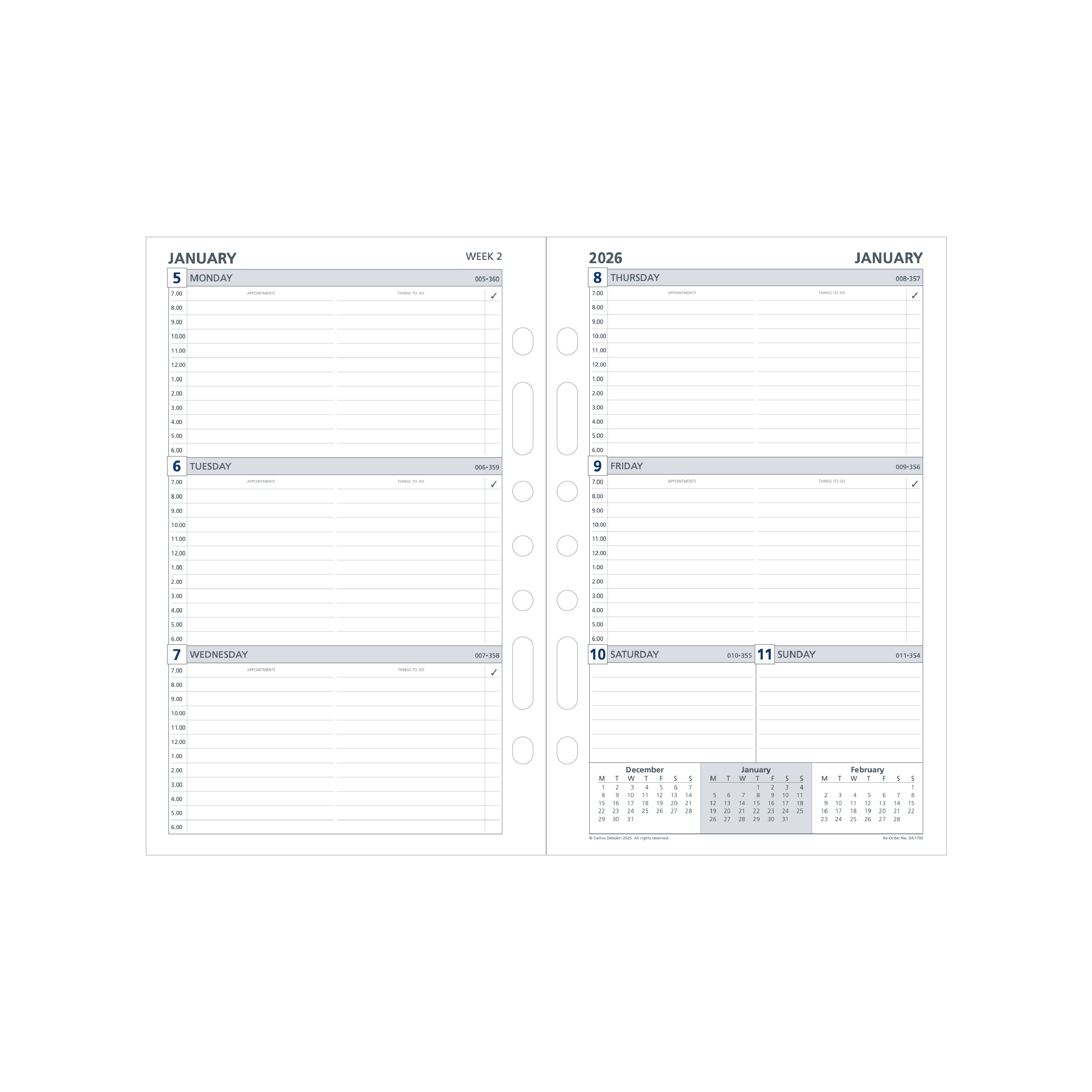 Day Planner Calendar Year 2026 Diary/Planner, Week to View - with Appointments, Desk Refill