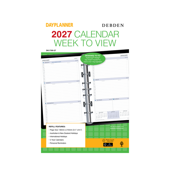 2027 Calendar Year Diary/Planner - 12 Month Desk Week to View - Refill - Collins Day Planners Range