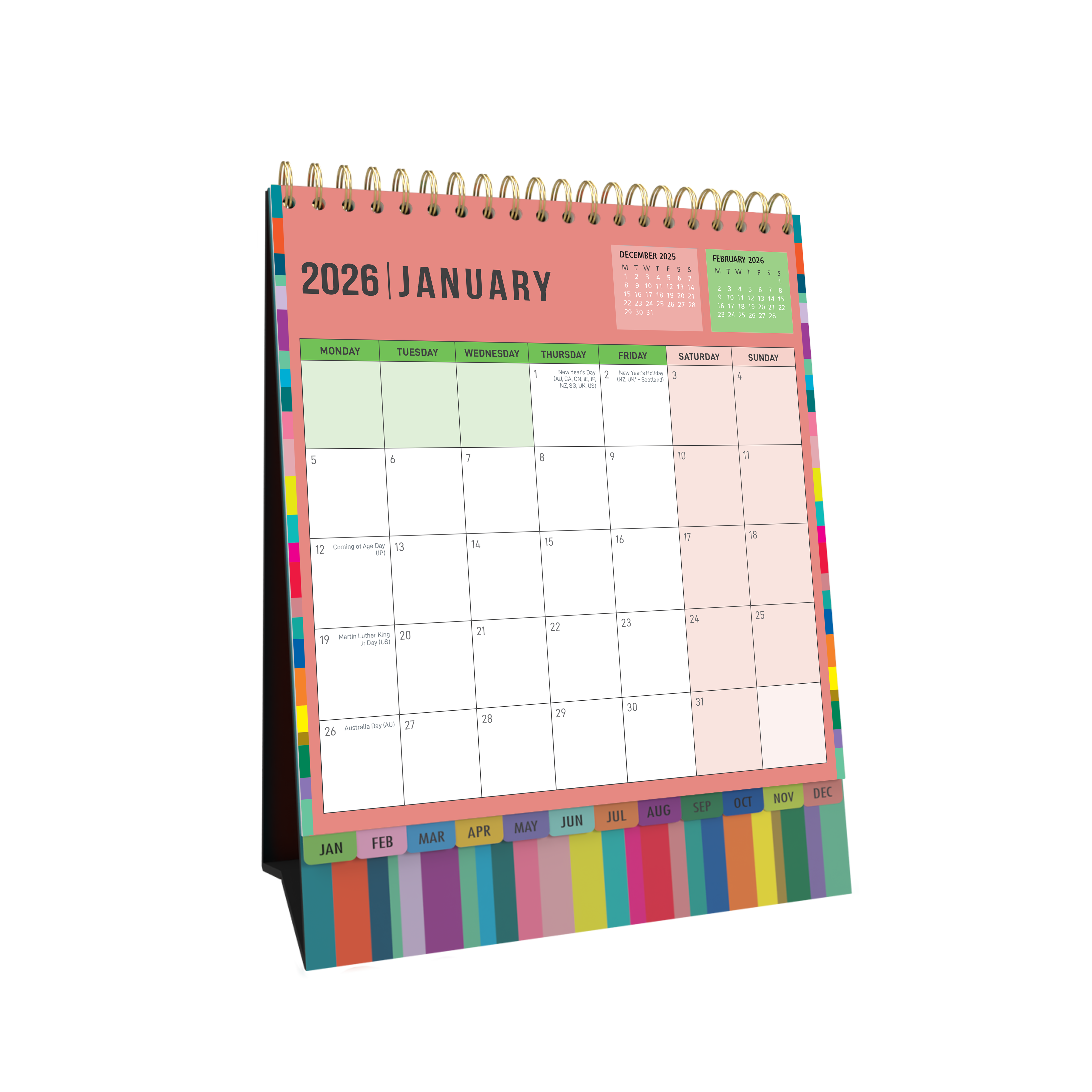 Edge Rainbow Desktop Calendar Year 2026 Diary/Planner, Month to View, Wiro Bound