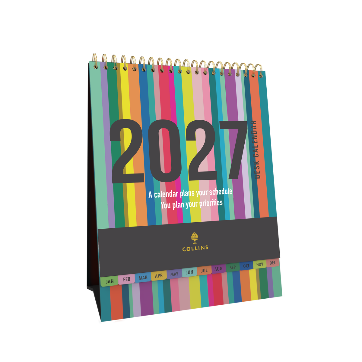 2027 Calendar Year Diary/Planner - 12 Month (h220 x w175mm) Month to View - Wiro Bound Desk Calendar in Edge Rainbow - Collins Desktop Calendars Range