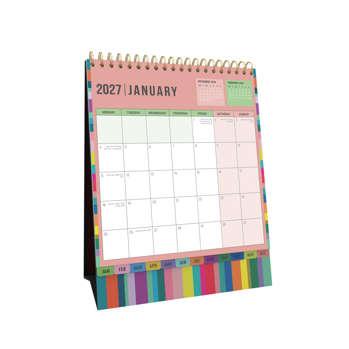 2027 Calendar Year Diary/Planner - 12 Month (h220 x w175mm) Month to View - Wiro Bound Desk Calendar in Edge Rainbow - Collins Desktop Calendars Range