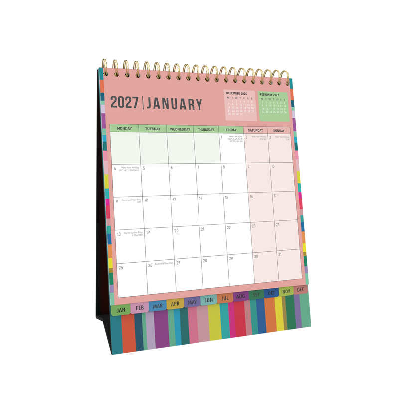 2027 Calendar Year Diary/Planner - 12 Month (h220 x w175mm) Month to View - Wiro Bound Desk Calendar in Edge Rainbow - Collins Desktop Calendars Range