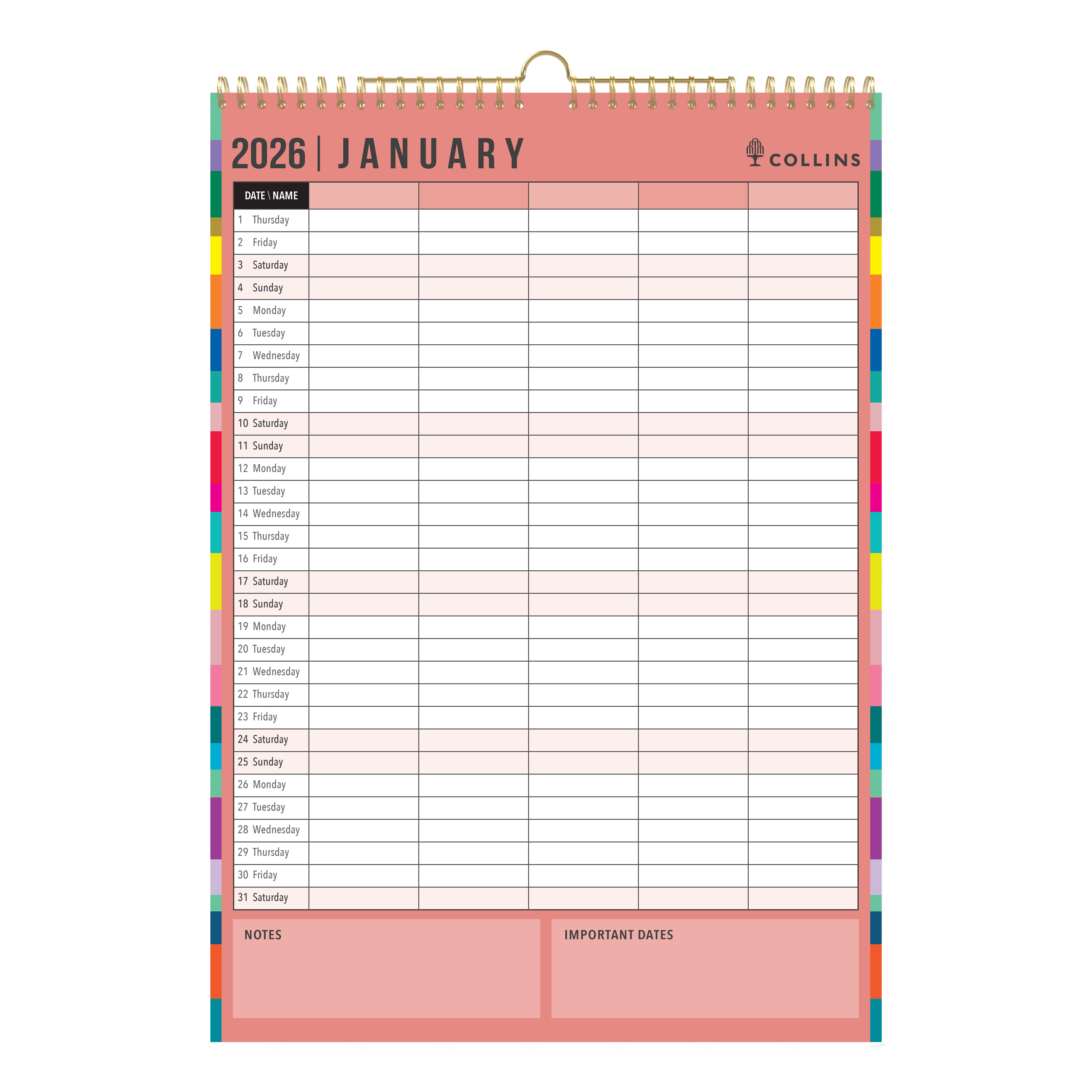 Edge Rainbow Wall Calendar Year 2026 Diary/Planner, Month to View, A3 Wiro Hanger