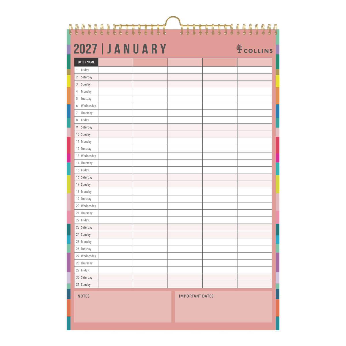 2027 Calendar Year Diary/Planner - 12 Month A3 Month to View - Wiro Hanger Wall Calendar in Edge Rainbow - Collins Desktop Calendars Range