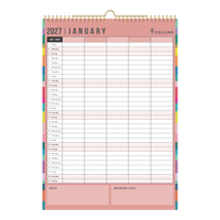 2027 Calendar Year Diary/Planner - 12 Month A3 Month to View - Wiro Hanger Wall Calendar in Edge Rainbow - Collins Desktop Calendars Range