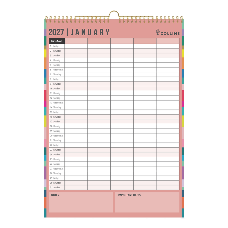 2027 Calendar Year Diary/Planner - 12 Month A3 Month to View - Wiro Hanger Wall Calendar in Edge Rainbow - Collins Desktop Calendars Range