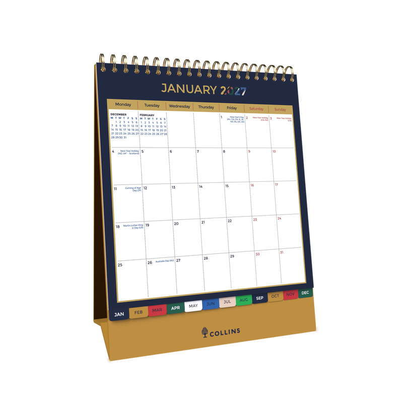 2027 Calendar Year Diary/Planner - 12 Month h220 x w175mm Month to View - Wiro Bound Desk Calendar in Edge Mira - Collins Desktop Calendars Range