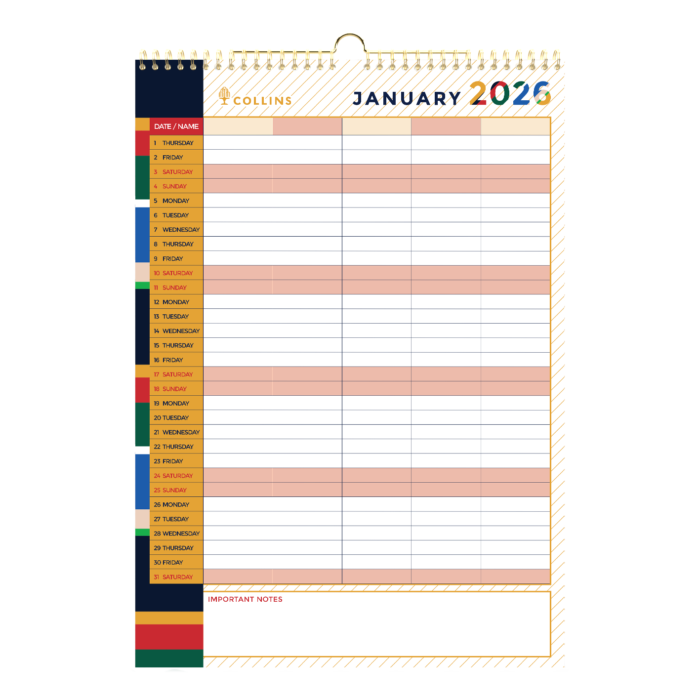 Edge Mira Wall Calendar Calendar Year 2026 Diary/Planner, Month to View, A3 Wiro Hanger
