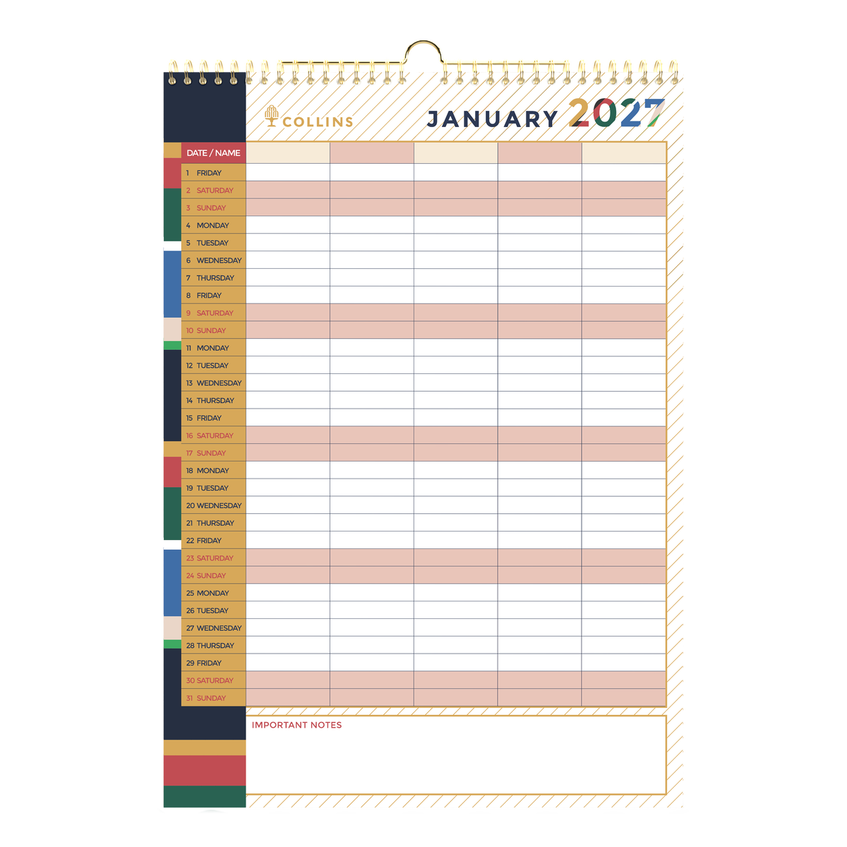 2027 Calendar Year Diary/Planner - 12 Month A3 Month to View - Wiro Hanger Wall Calendar in Edge Mira- Collins Desktop Calendars Range