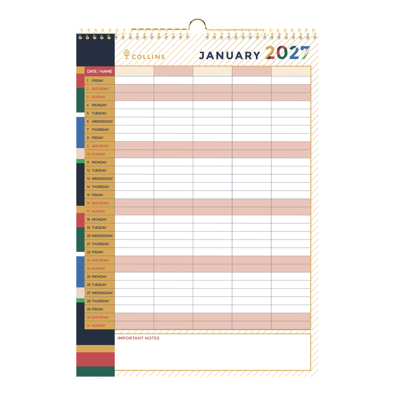 2027 Calendar Year Diary/Planner - 12 Month A3 Month to View - Wiro Hanger Wall Calendar in Edge Mira- Collins Desktop Calendars Range