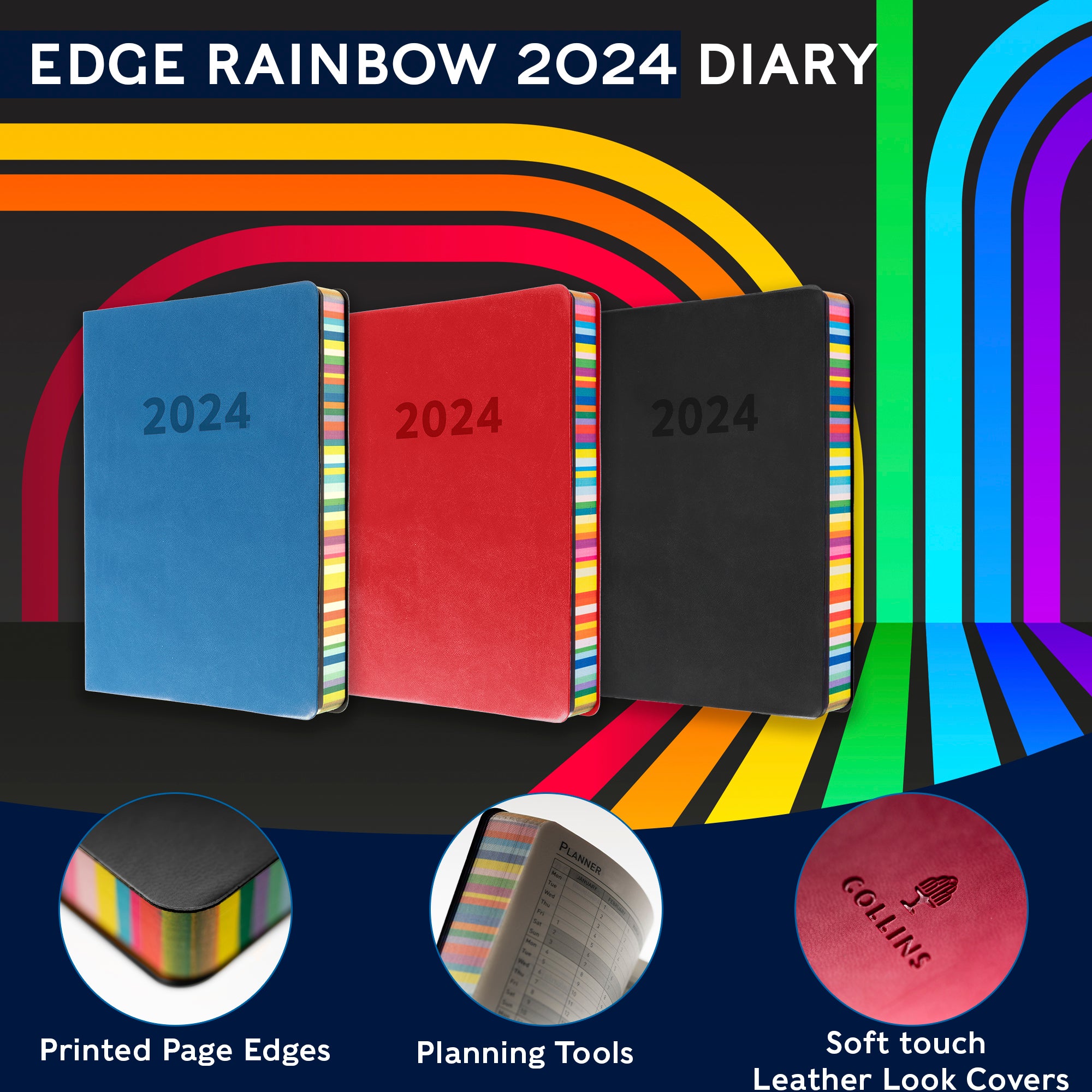 Edge Rainbow 2024 Diary - Week to a View, Size A5