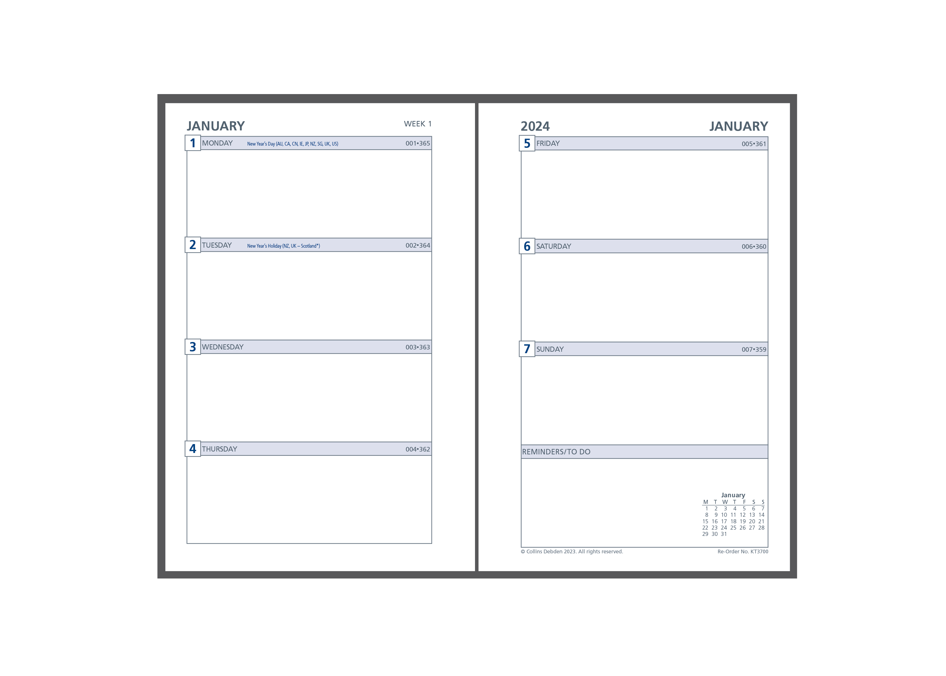 Day Planner Refill 2024 - Weekly Dated (one year), Size Pocket Pocket (120 x 80mm)